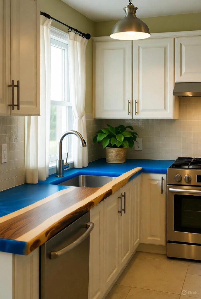 kitchen with a blue epoxy resin and live-edge wood countertop, including the sink, faucet, cabinets